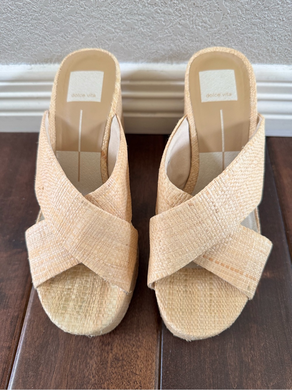 Dolce Vita Eliana Tan Raffia Woven Cross-Strap Wedge Slides